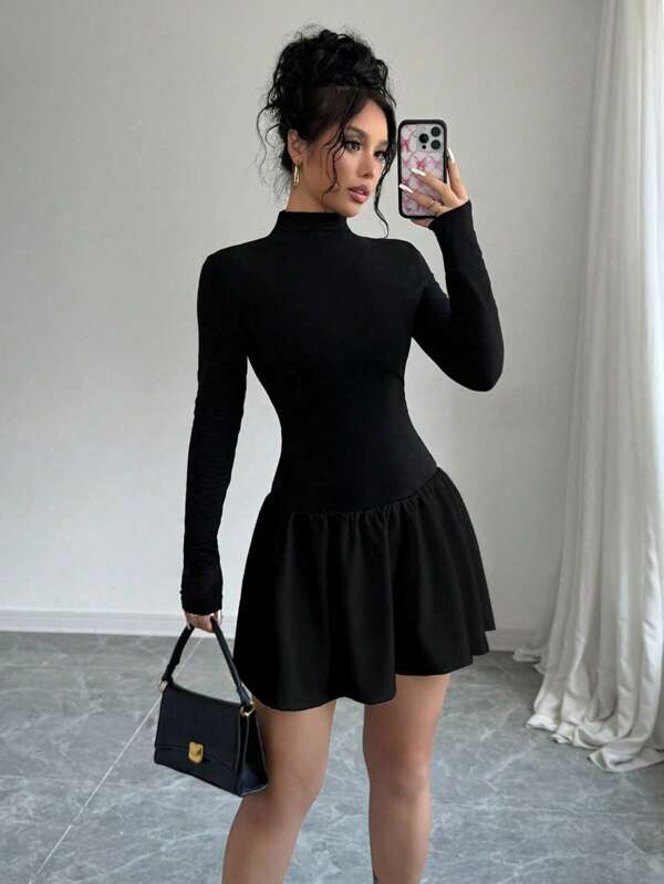 Elenzga Vestido mini de mujer de unicolor para otoño con cuello alto, manga larga y dobladillo con volantes