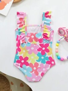 SHEIN Baby Girls Cute Bowknot Retro Print One-Piece Swimsuit (Print Randomly) - Multicolor - View 2