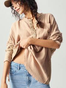 Bohemela Camisa maxi de manga larga con botones, de corte holgado y unicolor, para mujer