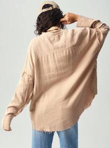 Bohemela Camisa maxi de manga larga con botones, de corte holgado y unicolor, para mujer