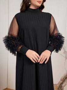 Al Najma 女士宽松加大码高领网眼花卉灯笼袖纹理阿拉伯连衣裙，加大码长款女装