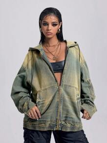 SHEIN ICON 水洗復古丹寧連帽夾克 - 中等水洗藍 - 查看 6