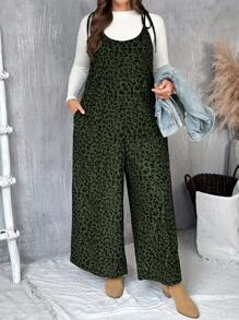 SHEIN VCAY Große Größen Jumpsuit mit Spaghettiträgern, Bindung in Taille, Leoparden Muster und Taschen, Lässig