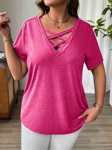 EMERY ROSE Áo thun tay ngắn cổ chữ V chéo cỡ lớn cho nữ, mùa hè - Màu Hồng Tươi - Xem 5