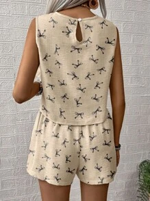 Breezaya 2 件套女士蝴蝶结印花无袖上衣和短裤，简约