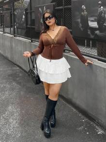 SHEIN EZwear Blusa casual de manga larga con aplicación de encaje y nudo delantero, uso diario, talla grande