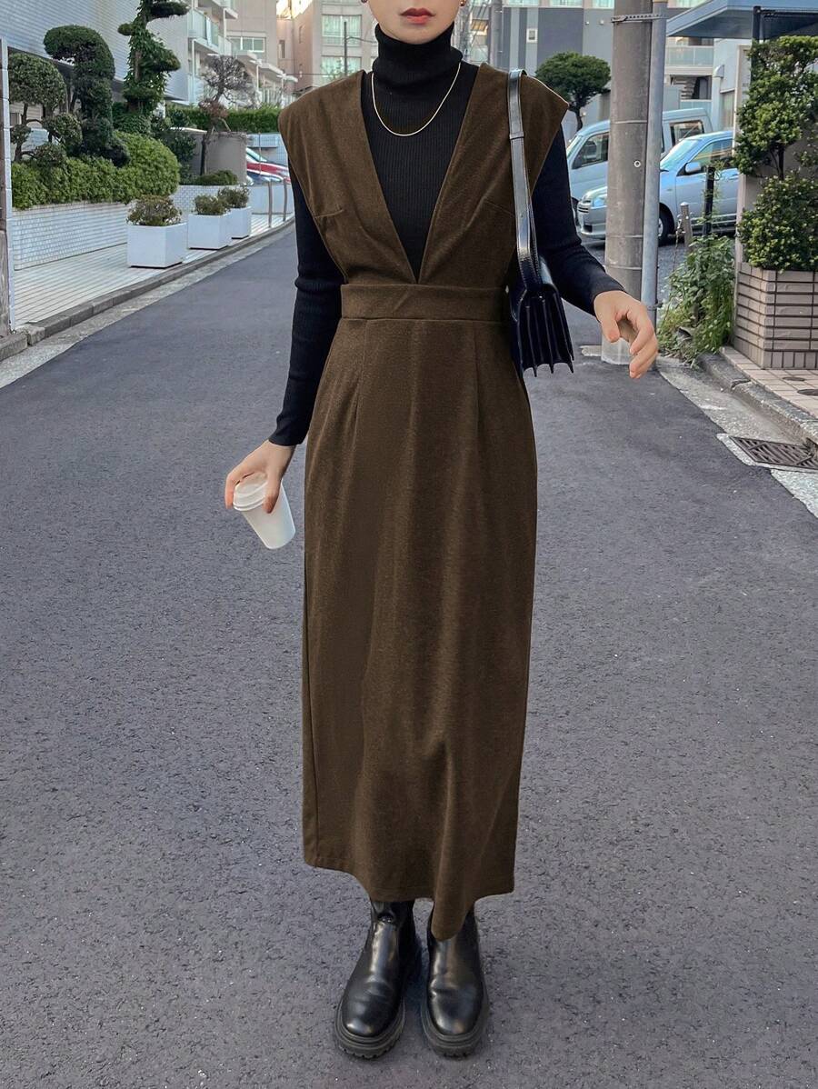 FRIFUL 女式休闲纯色露背系带长款套头连衣裙，秋季服装