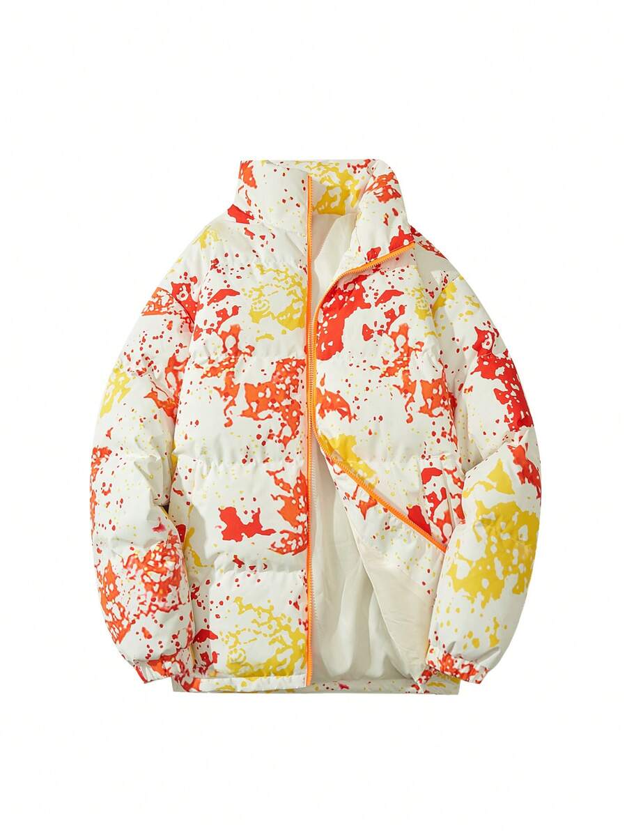 Manfinity Sport Corelite Boyfriend Style Men's Front Zip Long Sleeve Printed Casual Jacket, Everyday Wear Puffer Jacket