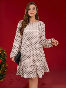 SHEIN LUNE Plus Size Women's Spring Summer Round Neck Lantern Sleeve Ruffle Hem New Years Women Outfit Dresses For Women Winter Valentine's Day Business Casual Woman Going Out,Holiday Party Dress