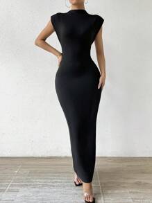 SHEIN PETITE Women's Black High Collar Versatile Shoulder Pad Bodycon Sleeveless Dress