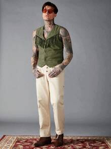 Manfinity VCAY 男式复古纯色绒面仿皮背心带流苏装饰 - 軍綠色 - 查看 3
