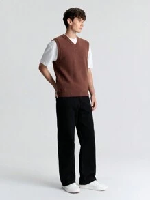 Ontre Men's Spring Brown Solid V-Neck Casual Loose Knitted Sweater Vest, Suitable For Parties, New Year