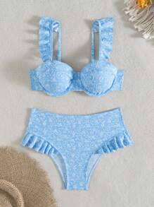 Women's Beach Outfit, Textured Fabric Soft Cup Underwire Swimwear With Cute Ruffle Trim And Adjustable Straps For Summer Beach Vacation - Blue and White - View 4