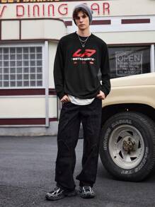 Manfinity Sport Corelite Męska koszulka sportowa z nadrukiem w kształcie litery, okrągłym dekoltem i długim rękawem, minimalistyczny design