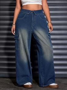 SHEIN EZwear Plus Size Front Button Pocket Simple Denim Jeans, Casual Daily Wear - Dark Wash - View 6