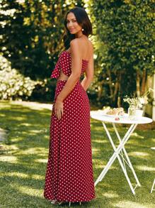 KARISMINA Elegant Red Polka Dot Summer Beach Woman Tie Front Crop Tube Top & Split Thigh Skirt Set,For Summer Vacation,Women Summer Clothing - Burgundy - View 2