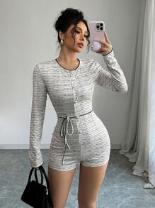 Elenzga New French Style Floral Print Long Sleeve Jumpsuit With Ropes And Waist Belt, Round Neck, Zipper Front, Tight Fitted Short Jumpsuit, For Autumn - Multicolor - View 3