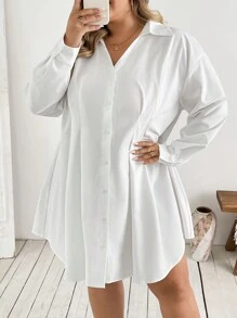 SHEIN CURVE+ 秋季大码女士优雅休闲通勤上班，白色腰部收紧长袖衬衫裙 - 白色 - 查看 8