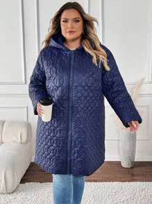 SHEIN CURVE+ Abrigo acolchado con capucha con cremallera, suelto y con longitud hasta la pantorrilla, para talla grande, para otoño/invierno