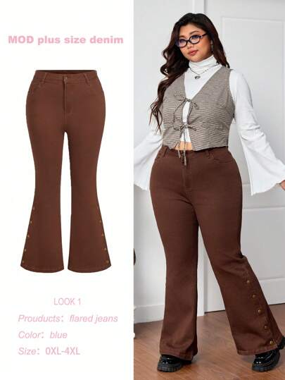 SHEIN MOD Plus Size Elastic Denim Flared Jeans, Brown