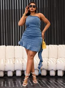 SHEIN SXY Plus Size Women Denim Ruffle Sleeveless Ruched Hem Sexy Midi Dress