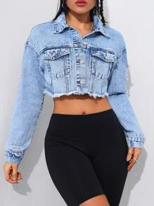 SHEIN Tall Áo khoác denim rách tua rua cho nữ cao cấp - Rửa nhẹ - Xem 1