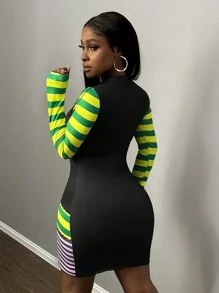 Slaydiva Vestido mini ajustado a rayas de estilo elegante para fiesta/cita/diario/deportivo/casual/urbano - Multicolor - Ver 2