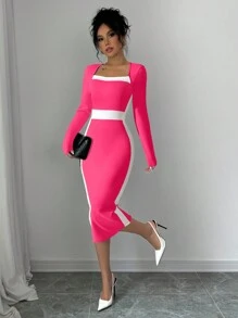 Elenzga Square Neck Splice Contrast Color Bodycon Sexy Women Dress Maxi Women Outfit - Hot Pink - View 5