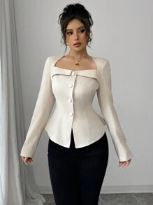 Selianne Women's French Elegant Commuter Trapezoidal Collar Square Neck Front Button Down Long Sleeve Shirt With Waistline, Suitable For Spring Autumn Winter Fall Cloth For Women - Apricot - View 3