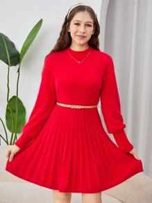 SHEIN 少女红色立领荷叶边袖纽扣式喇叭针织毛衣裙，适合秋季/圣诞节的休闲装 - 紅色 - 查看 3