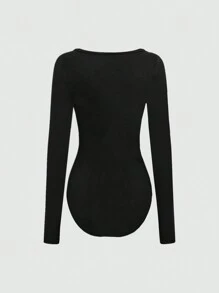 Flirla 女士纯色圆领长袖休闲 T 恤紧身衣 - 彩色 - 查看 3