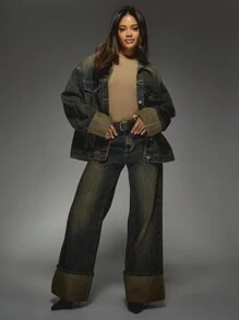 MISSGUIDED 超大牛仔卡车司机夹克翻边宽袖秋冬宽松外套日常休闲街头风格个性单品 - 藍色 - 查看 1