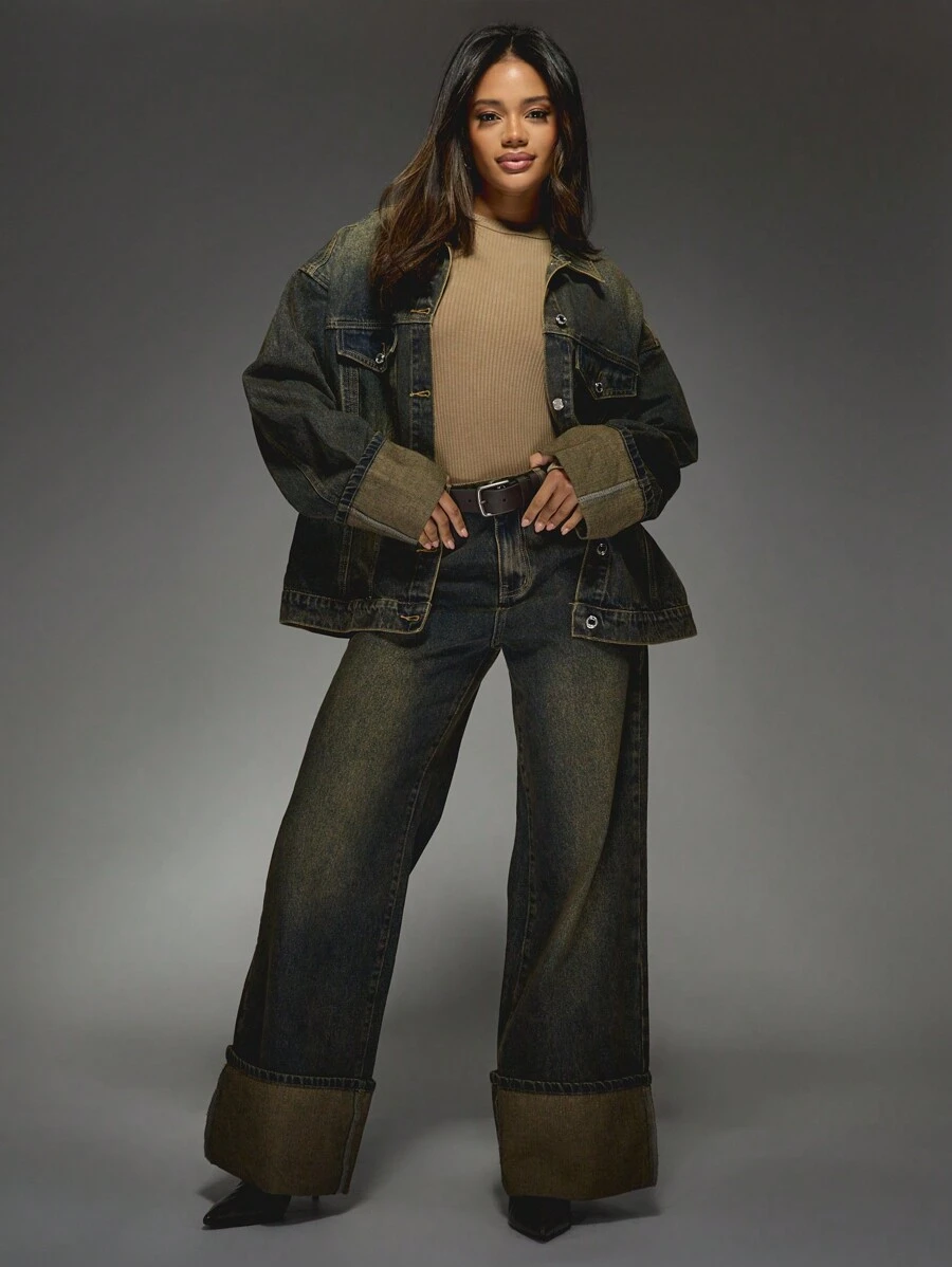 MISSGUIDED 超大牛仔卡车司机夹克翻边宽袖秋冬宽松外套日常休闲街头风格个性单品 - 藍色 - 查看 1