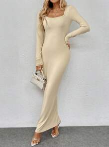 SHEIN Tall 女士纯色休闲修身长袖连衣裙长款女装 - 杏色 - 查看 6