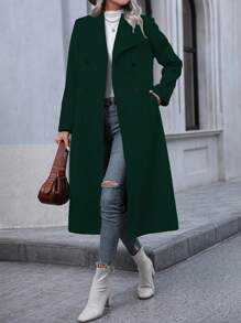 SHEIN Clasi Women Solid Color Loose Double-Breasted Overcoat, Autumn/Winter - Dark Green - View 4