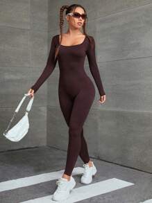Slayform Tuta da yoga: scollo a V profondo con supporto per il busto, maniche lunghe e pantaloni, modellante lato fondoschiena e contenitivo per l'addome, versatile per l'allenamento, il ciclismo e l'uso quotidiano - Caffè Marrone - Visualizzare 5