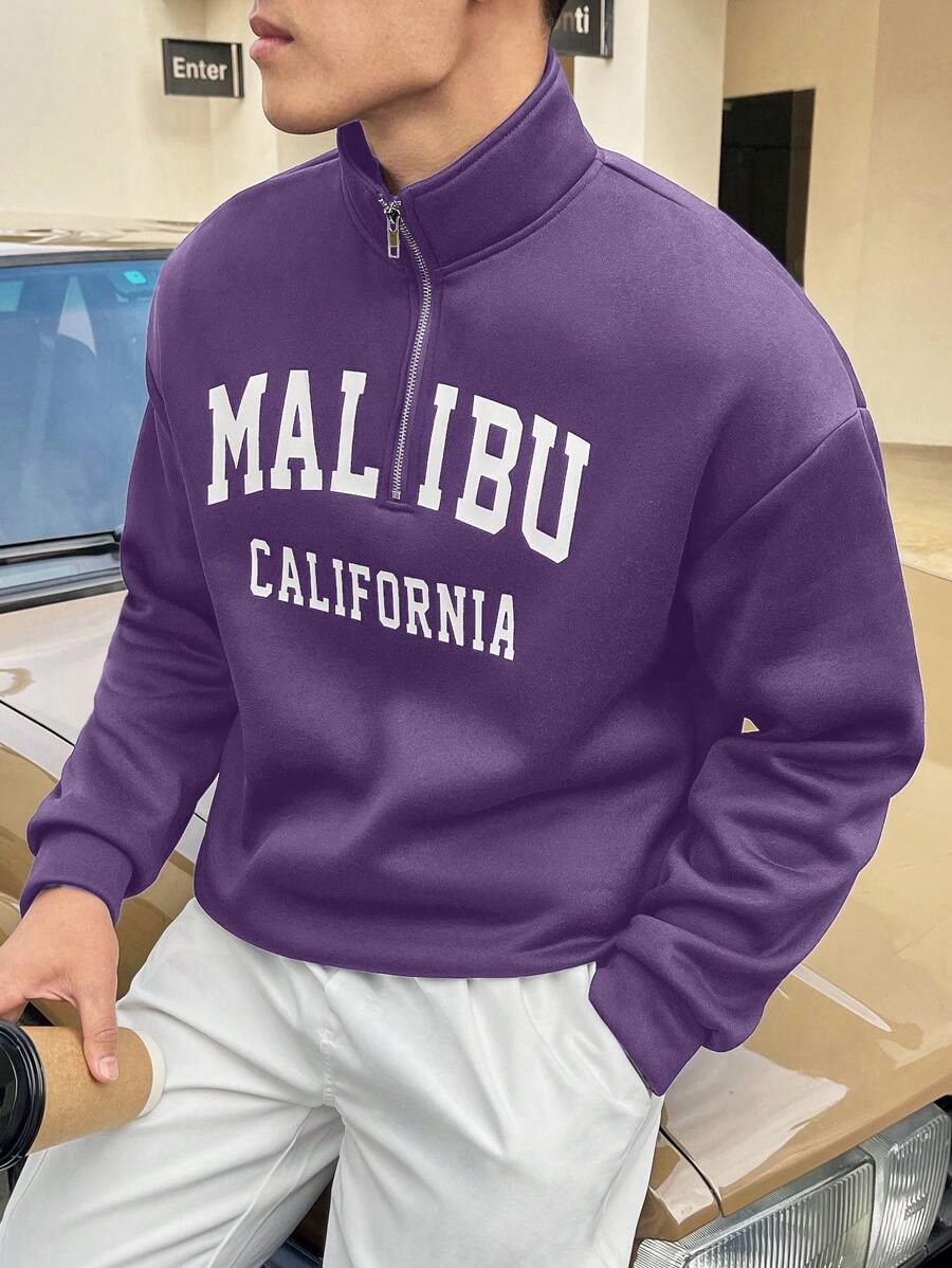 Aesthetic Post--Loose Fit Men's Letter Graphic Half Zip Drop Shoulder Sweatshirt - Purple - View 1