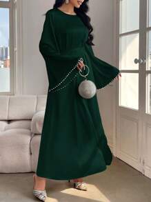 Al Najma 女士优雅纯色喇叭袖长裙，春/夏，朴素优雅的 A 字型阿拉伯连衣裙，适合晚会/婚礼嘉宾/周年纪念/日常穿着 - 軍綠色 - 查看 7