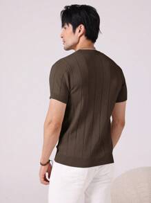 Manfinity Homme Áo len dệt kim cổ tròn tay ngắn thường ngày cho nam, mùa thu/đông - Cà phê nâu - Xem 2