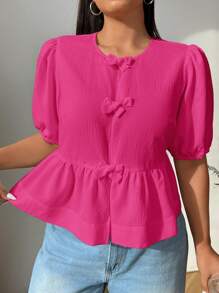 Solflare Plus Size Retro Ruffled Collar Bow Tie Puff Sleeve Belted Shirt - Apricot - View 1