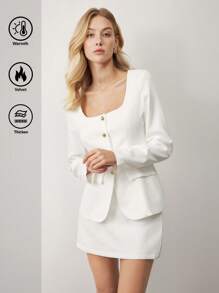 BizChic Conjunto informal de traje blanco para mujer, conformado por blazer y falda (2 piezas), atuendo blanco, traje de oficina para mujer, atuendo para Navidad