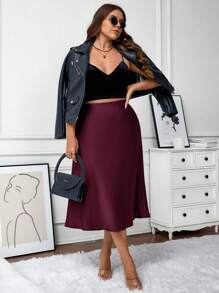 SHEIN LUNE Plus Size Women Solid Color Zipper Fastening Elegant Skirt Party Skirts New Years - Burgundy - View 3