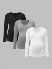 SHEIN 3pcs/Set Solid V-Neck Casual Maternity Long Sleeve T-Shirts - Multicolor - View 12