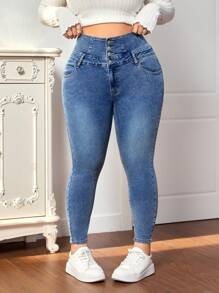 SHEIN MOD Mallas vaqueras azules de talla grande con decoración de botones, cintura alta, lazo y forrado para mayor calidez, mallas térmicas de mezclilla - Azul lavado medio - Ver 2