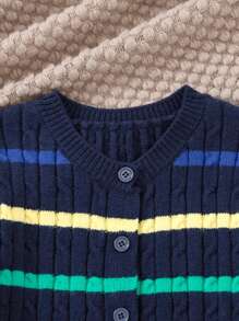 PrepCrw Blusa de manga larga y botones delanteros a rayas, minimalista, para uso diario casual de niña - Azul - Ver 4