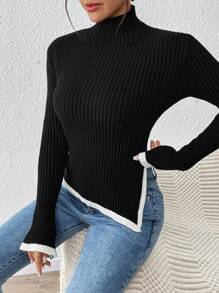 SHEIN Unity French Style Autumn/Winter New Semi-Turtleneck Asymmetrical Hem Fitted Knit Sweater Top, Women's Pullover Pullover Fall - Multicolor - View 6