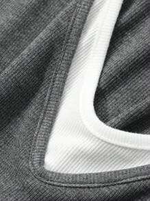 Dazy Petite Plus V-Neck Color Block Fitted Long Sleeve T-Shirt, Grey, Spring/Summer/Autumn