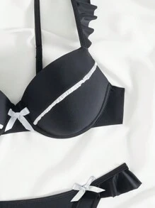 SHEIN Swim Ensemble de bikini à armature matelassé noir et blanc avec bordure à volants pour femmes d'été, bretelles réglables, décoration de nœud, design mignon