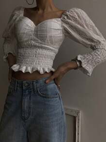 DAZY Women's Sweetheart Neckline Long Sleeve Lace Waist And Cuff Blouse,Fall Clothes