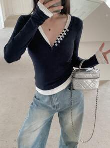 DAZY Women's V-Neck Drop Shoulder 2 In 1 Ruched Long Sleeve Layering Top,Fall Women Clothes - Navy Blue - View 6